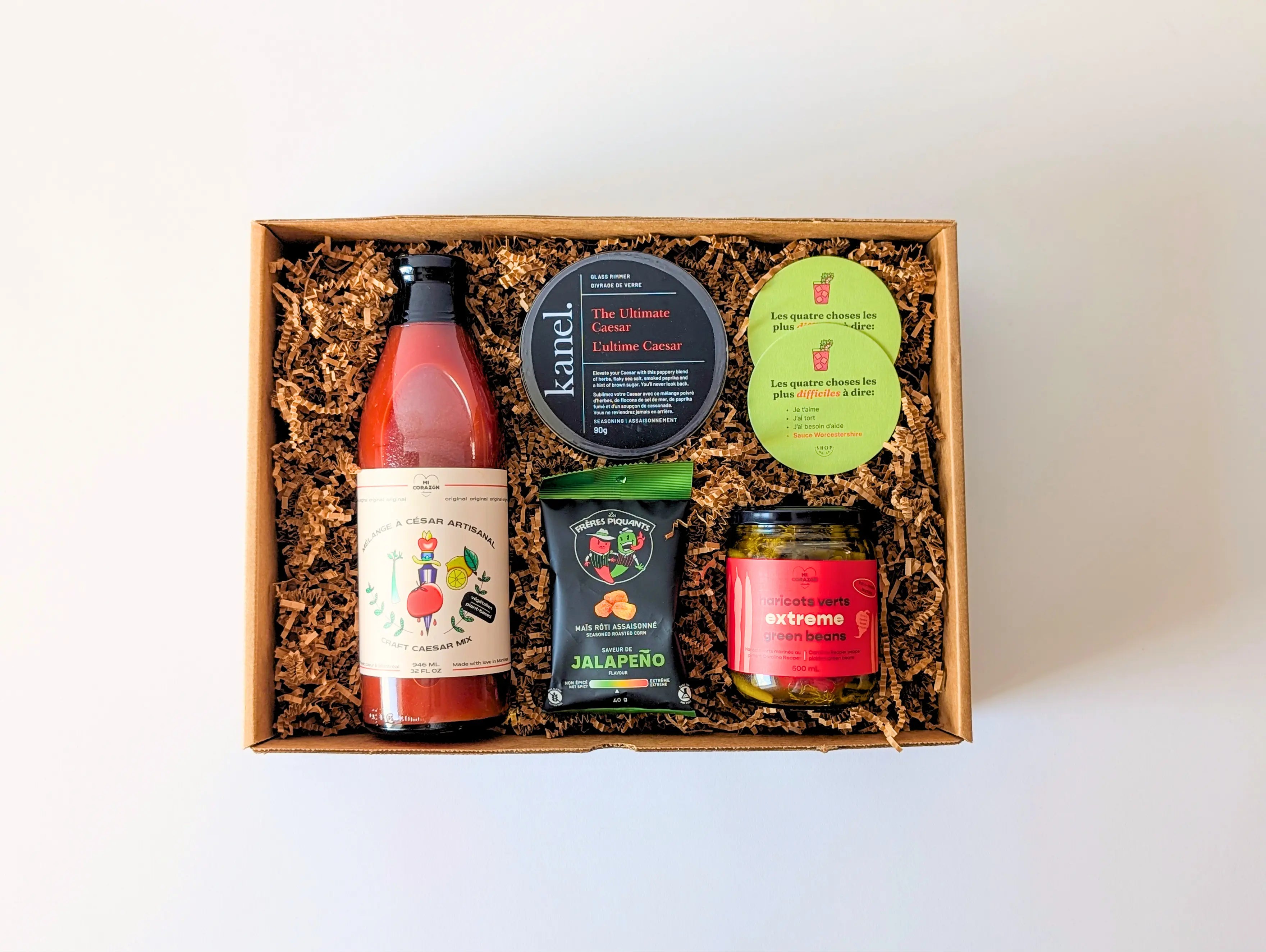 Coffret cadeau Bloody César avec mélange Mi Corazon, givrage Kanel et garnitures épicées du Québec